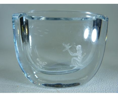 Swedish Glass Vase - probably Orrefors etched to front with a girl holding a bird. Etched marked to base - Sverige Miniatgrer