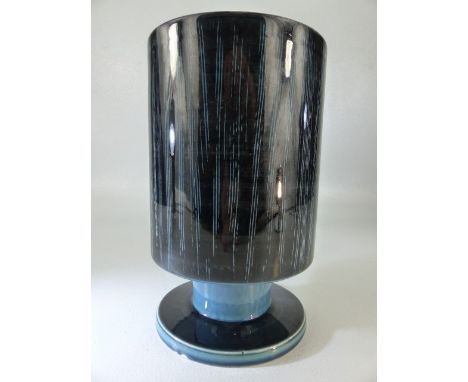 1960's Poole Pottery Footed Vase - Black ground with Vertical Blue Stripes Scrajito lines. Approx 20cm. Markes on base