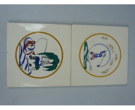 POOLE POTTERY TILES - Two Art Deco 1951 tiles depicting sporting scenes - Fishing and Golfing. 