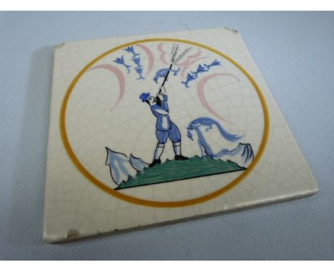 Poole Pottery Tile 'Farming Scene' Depicting a man Shooting pheasant with a dog at foot. 