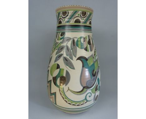 Large Poole Pottery Art Deco vase in the Rare Geometric Green pattern E. Approx 42cm high and Shape No. 984. Carter Stabler A