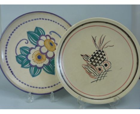 Poole Pottery shallow bowl in the RC pattern, C.1920's simple floral design. Paintress mark unrecognizable. Diameter approx 2