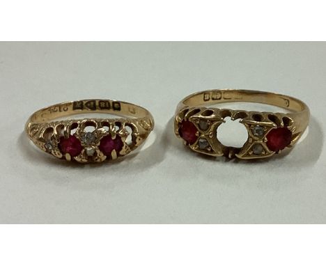 Two ruby and diamond ring mounts in 18 carat gold setting. Approx. 5 grams. Est. £100 - £150.