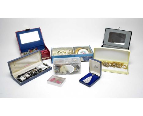 A collection of costume jewellery and collectibles, including: a silver bladed mother of pearl handled fruit knife; an enamel