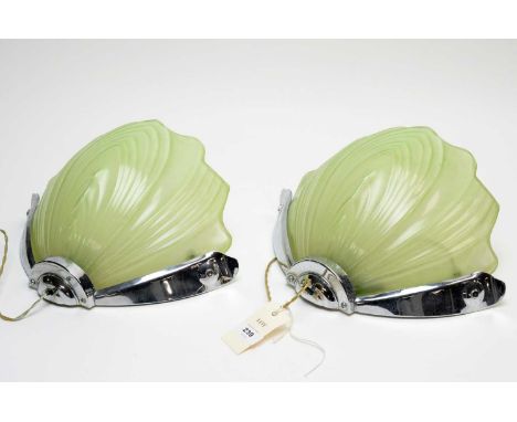 A pair of Art Deco chrome wall sconces, each with lime green glass shade, 33cms wide.
