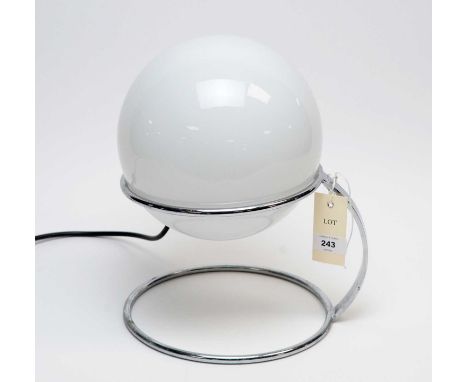 A retro chrome table lamp, with opaque white glass sphere shade, wired for electricity, 29cms high.