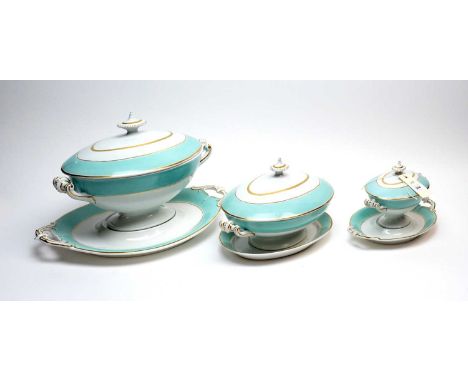 A set of three Porcelain Opaque tureens and covers, by Bridgwood &amp; Son, turquoise and gilt bordered decoration, with two 