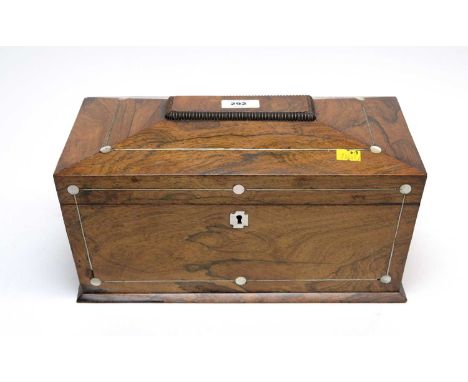 A 19th Century mother of pearl inlaid rosewood sarcophagus tea caddy, opening to reveal two hinged compartments and central g