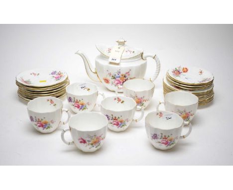 A Royal Crown Derby ‘Derby Posies’ pattern part tea service, comprising: a tea pot; seven teacups; eight saucers; four smalle