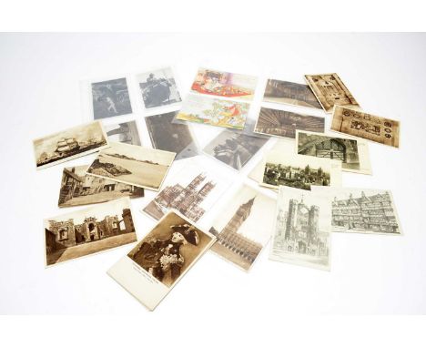 A collection of vintage postcards, including examples illustrating Ameila Earheart; The House of Lords; The House of Commons;
