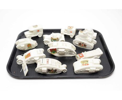 A collection of crested ceramic military tanks, ambulances and other vehicles, including: a model of a British Tank, by Willo