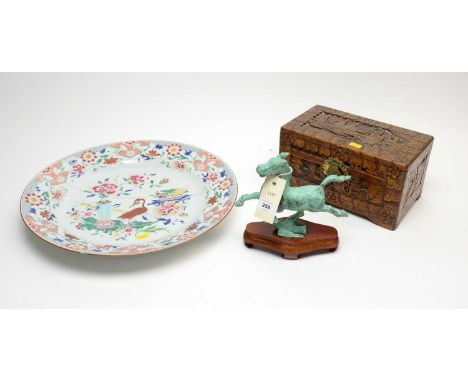 A Chinese brass bound carved hardwood box, decorated with sailing scenes within floral borders, 25cms wide; together with a C