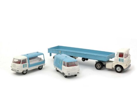 Corgi Toys Promotional CO-OP Set, issued 1970-71, comprising 1151 Scammel Truck, 462 Commer Van, 466 Commer Milk Float, all w