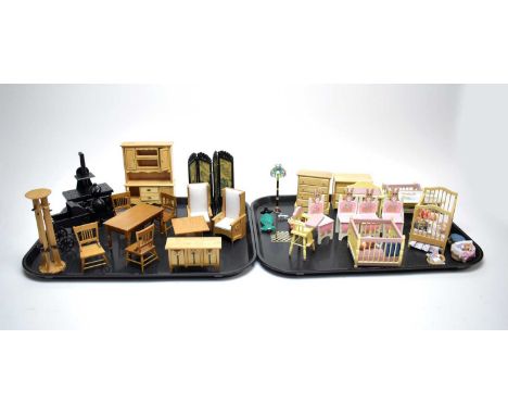 A collection of vintage dolls house furniture, including: a kitchen stove; a Chinese four panel dressing screen; a kitchen ta