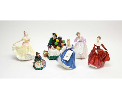 A collection of Royal Doulton ceramic figures, including: ‘The Old Balloon Seller’, HN 1315; Miniature Street Vendors ‘Silks 