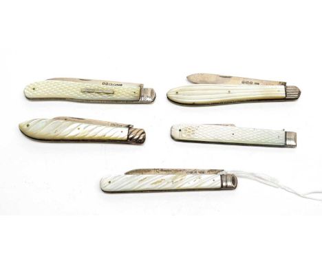 A collection of Victorian and later silver-bladed fruit knives, each with carved mother of pearl gripscale handle, by makers 