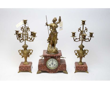 A French three-piece clock garniture, comprising a marble mantel clock, with white enamel Arabic dial, mounted with a bronzed
