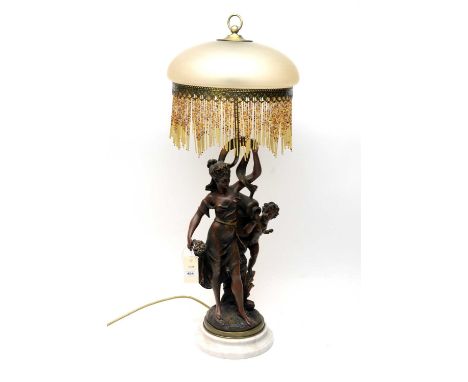 A French bronzed figural table lamp, after Emile Bruchon, depicting a woman with flowers in her hair, carrying a basket of fl