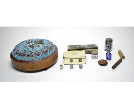 A collection of sewing and dressing accessories, including: a Victorian blue flash glass scent bottle, with white metal top; 