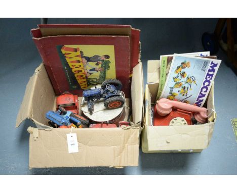 A collection of die-cast and other toys, including: a Chad Valley ‘Wee-Kin Toy’ car; a Lesney tractor; telephone; drum; Mecca