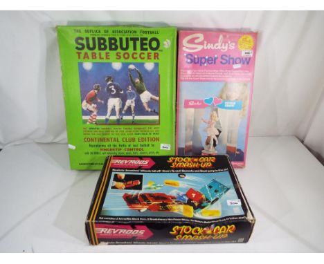 A Sindy Super Show by Pedigree #  12SA26, a Denys Fishers Revrods Stock Car Smash Up and a Subbuteo Table Soccer (all boxed) 