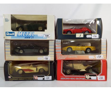 Diecast - Six diecast model motor vehicles, all in 1:24 scale, to include Burago / Bburago Chevrolet Corvette 1957, Mercedes-