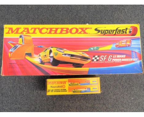 Matchbox - Three Matchbox Superfast sets comprising # SF-6 Le Mans Power Booster set, # SF-19 Double Action Opening Garage an