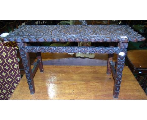 A Highly Carved Oak Bench Seat. 32ins wide, 10.5ins deep x 1.5ins high.