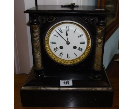 A Victorian Black Slate & Marble Mantel Clock (with pendulum & key).