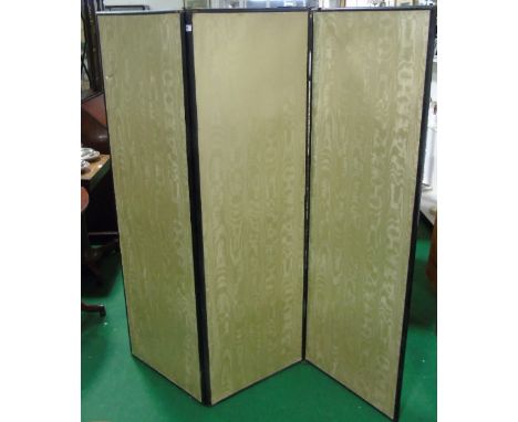A Three Fold Screen; with ebonised frame and silk effect panels, height 67" x 64".