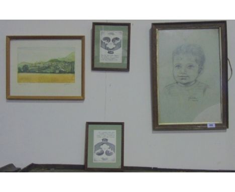 A Group of Four Pictures to include a Signed Sketch of a Young Boy.