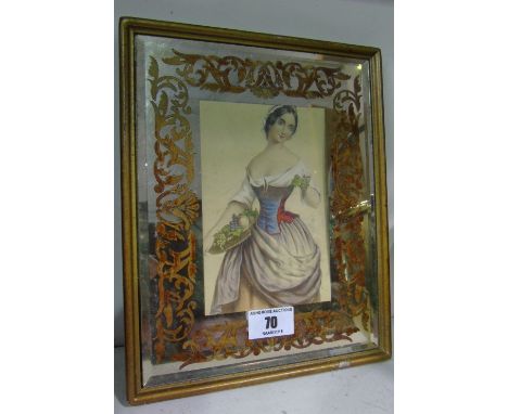 A Coloured Print of an 18th Century Fruit Seller in a Mirrored Frame.