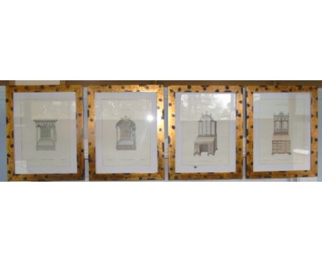 A Set of Four 20th Century Coloured Engravings of Chippendale Furniture Designs; framed.