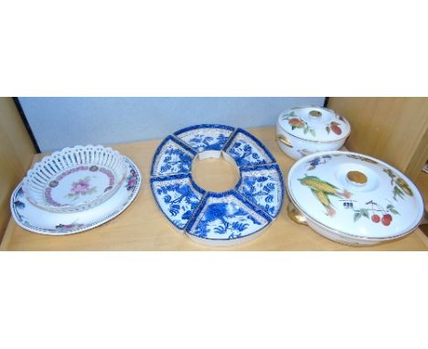 Two Royal Worcester Evesham Tureens & Covers, together with a pierced dish, Booths Old Willow pattern dip dishes, etc.
