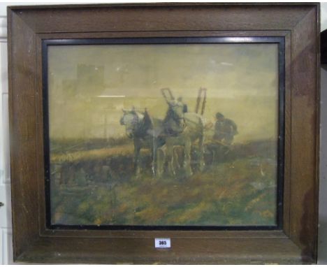 A Print Depicting a Pair of Horses Harvesting with a Binder, mounted in an oak frame. 40 x 51cm.