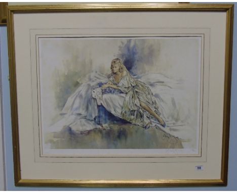 A Signed Limited Edition Print by Gordon King, signed lower right with blind stamp, 57/850, mounted in a gilt frame. 65 x 48c