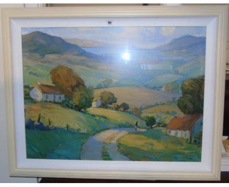 After Hugh O'Neill,  Figure on a Country Lane in an Extensive Landscape, a coloured print in a limed oak frame glazed. 59.5 x