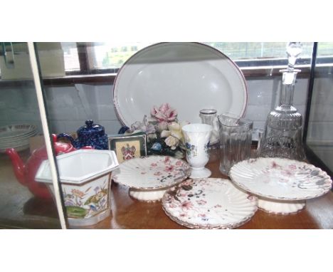 A Shelf of Ceramics & Glass - Teapots, Jardiniere, Decanter, Plates, etc.