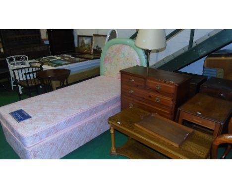 A Quantity of Furniture comprising of a brass standard lamp & shade, chest of drawers, oak coffee table, serving trolley & si