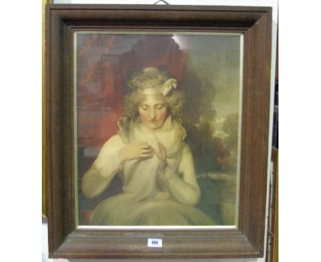 A Print/Engraving of a Lady in Period Dress; mounted in a moulded oak frame.