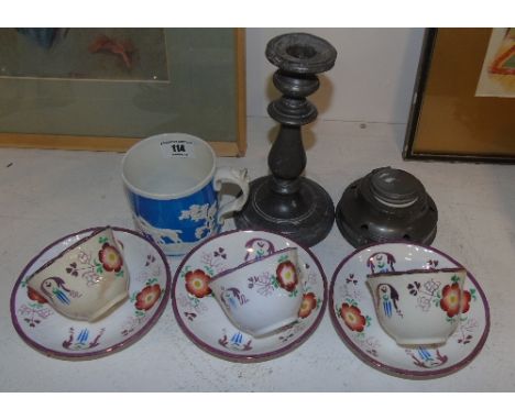 Three Lustre Cups & Saucers, an 1840 Harvest Mug & a Pewter Inkwell & Candlestick.