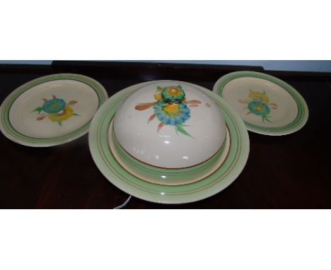 Three Pieces of Royal Doulton Haarlem Dinnerware in the Style of Clarice Cliff; with graduated brown banded border.