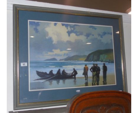 After John Skelton, Colour Print, Figures Around a Currach. 40 x 58cm.