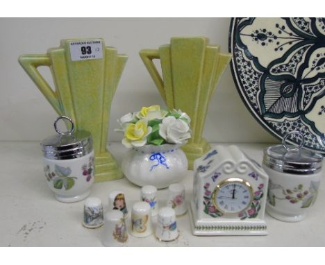 A Collection of Ceramics to include a pair of Art Deco style vases, china thimbles, a Royal Doulton posy & a pair of Royal Wo