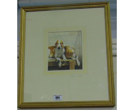 A Watercolour of Two Foxhound's Resting on a Bench, titled 'Day of Rest', signed 'M. Humphries, 2000'.  16 x 13cm. 