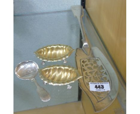An Antique Silver-Plated Fish Slice, a Pair of Gilded Shell Salts & an Antique Tea Caddy Spoon.