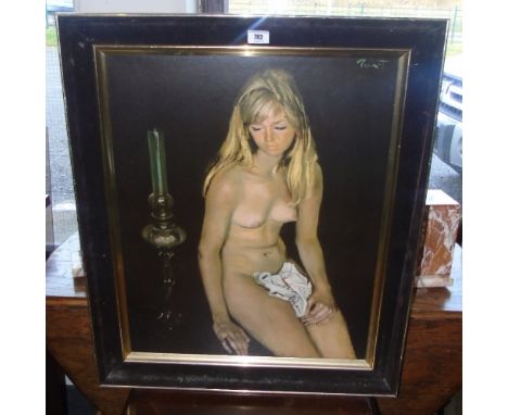 A Coloured Print of a Nude resting beside an oil lamp, in a velvet and gilt frame, 20th century.