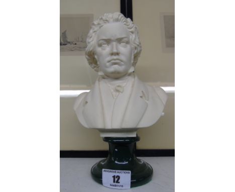 A Parian Bust of Beethoven on a Ceramic Base, 9ins high.