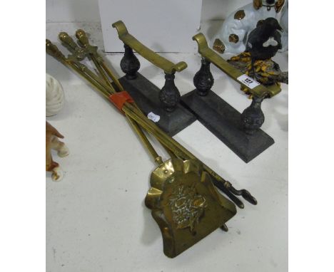 A Set of Three 19th Century Brass Fireside Tools, along with a pair of brass & metal fire dogs (5).