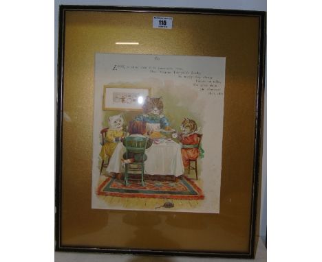 A Coloured Print of Mamma Tabbykins Family of Kittens with gold coloured mount, framed and glazed.